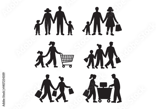 Vector icons of families with children, including shopping, walking, and carrying bags in silhouette style.