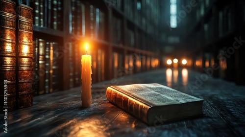 Wallpaper Mural Dark academia library, vintage books and candlelight, warm tones, seamless Torontodigital.ca