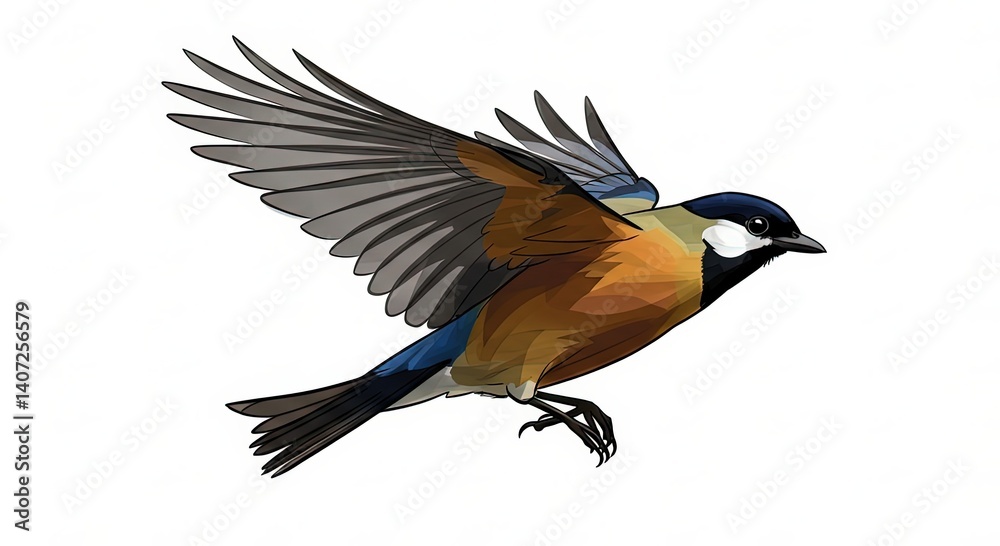 Obraz premium Colorful birds in flight over a serene landscape