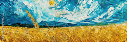 vector illustration of yellow wheat field with blue sky in style of oil painting on canvas	