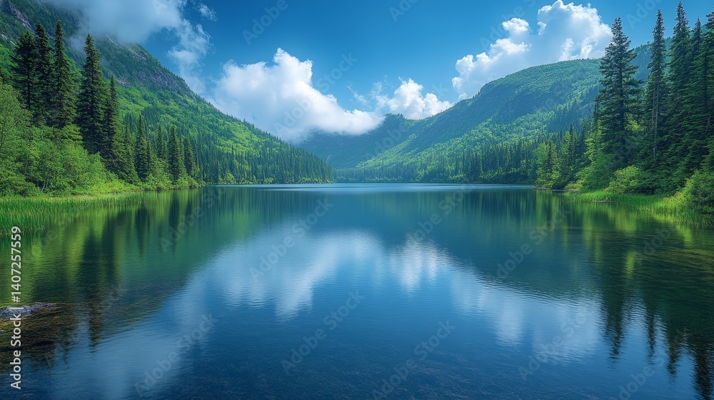 Tranquil lake with forest reflection and clear sky Tranquil lake with forest reflection and clear sky