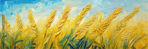 vector illustration of yellow wheat field with blue sky in style of oil painting on canvas	