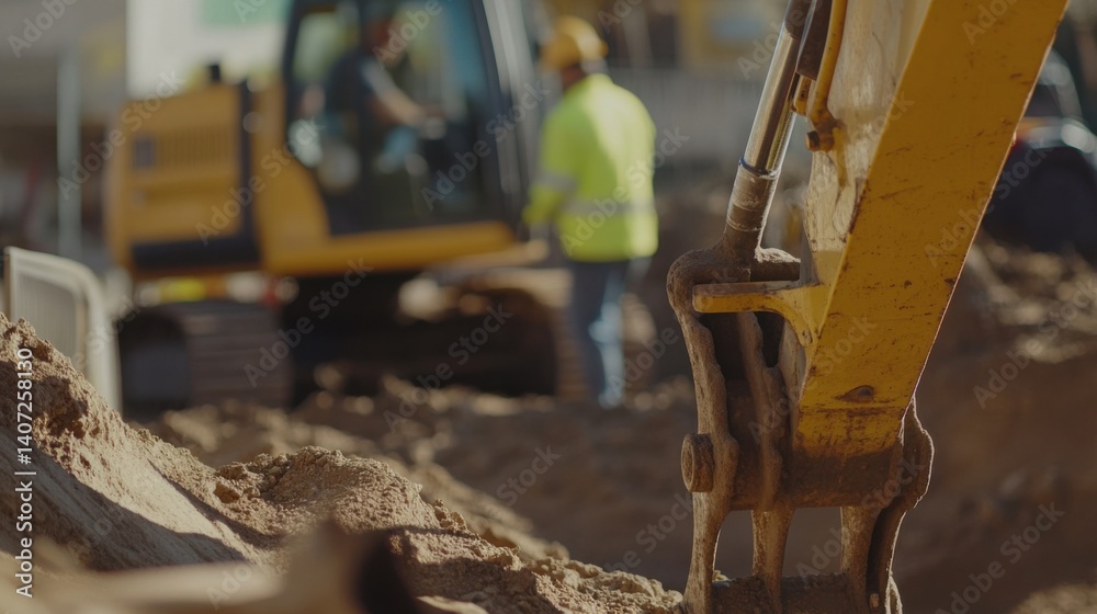 Fototapeta premium Construction worker laying pipes for underground utilities. Featuring plumbing installation and site development