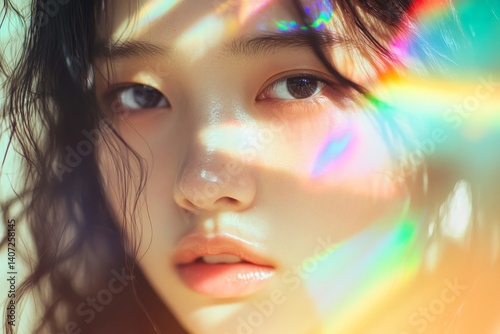 Portrait of an asian woman with rainbow light on her face. Glowing skin. Colorful art beauty.