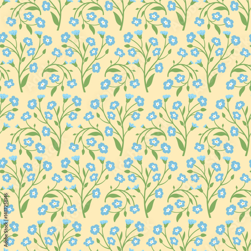 Blooming Forget-Me-Nots Seamless Pattern with Flower Branches on Light Yellow Background. Cute Spring Floral Design for Fabric, Wrapping Paper, Textile or Packaging