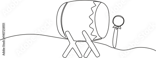 Continuous one line traditional drum and stick cultural Music Instrument. Vector Illustration.