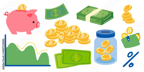Cartoon stickers of business, finance and bitcoin business analytics. Vector shapes of money, piggy bank, coins, diagram. Colorful patch, tag, stamp, label, badge