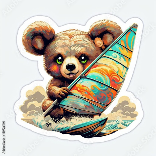 Colorful cute bear riding windsurfing sticker