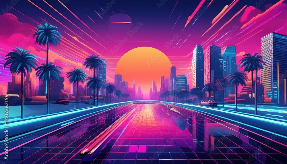 Fototapeta premium Futuristic Cityscape Bathed in Neon Lights, Los Angeles Pixelated Dreamscape in Vaporwave Style at Dusk, Featuring a Blend of Retro and Modern Elements with an Electrifying Aura.