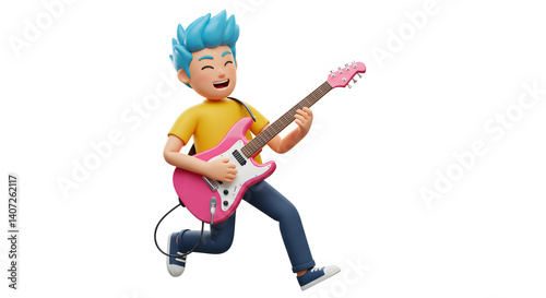 Joyful 3D Cartoon Boy Playing Pink Electric Guitar Music Fun Hobbies