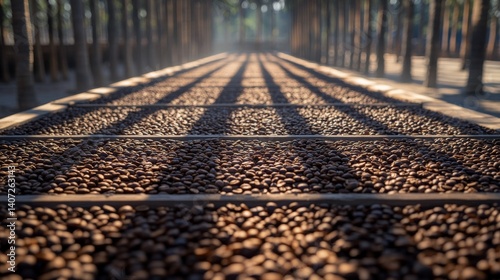 Coffee beans are laid out on woven mats under the bright sunlight, while palm tree shadows provide a cool contrast during the drying process