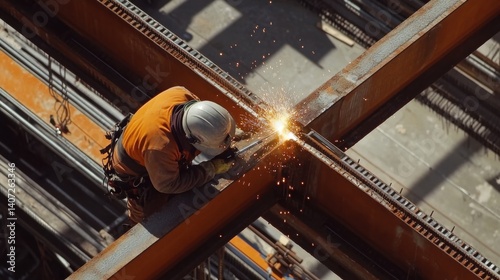 A construction worker welding steel beams together on a building site. Featuring welding and steelwork