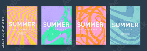 Geometric Psychedelic Summer Retro Set Yellow, Pink, Orange, Blue, Turquoise Colors. 3d art 50s of Hippy Illusion. Background Wavy Trippy Patterns Offer 20-50% for Banner, Poster, Card, Cover.
