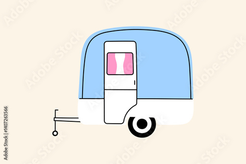 Camping trailer illustration. Vector trailer for outdoor adventure, hiking, travel, summer vacation, campsite, nature tourism, or wilderness exploration design themes. Flat cartoon style.