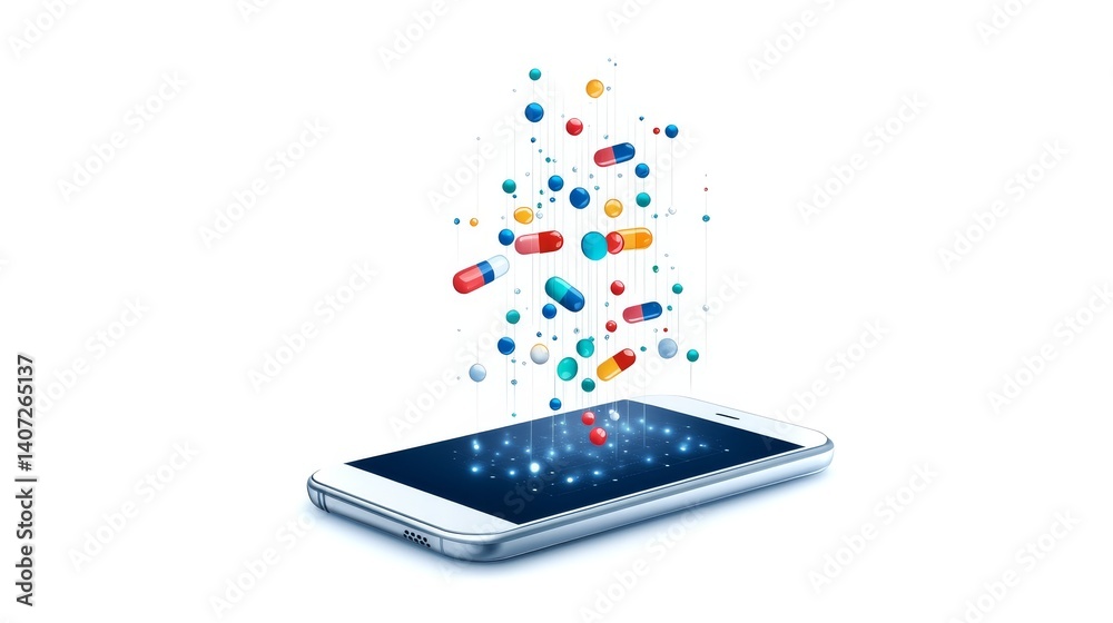 Minimalist isometric illustration of a smartphone with floating capsules and creative elements