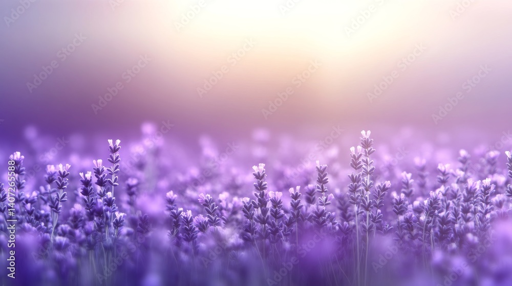 Fototapeta premium A wide-angle view showcases a lavender field with a purple gradient background and soft bokeh effects, creating a serene atmosphere perfect for various uses