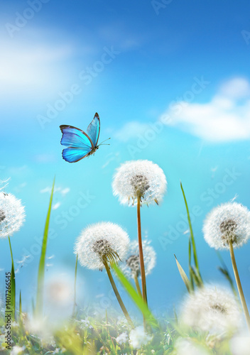 Obraz na płótnie Fluffy dandelions in a field in spring or summer against the background of a blue sky with clouds and a blue fluttering butterfly. w salonie