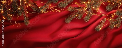 Red Festive Christmas Background with Twinkling Lights and Pine Branches