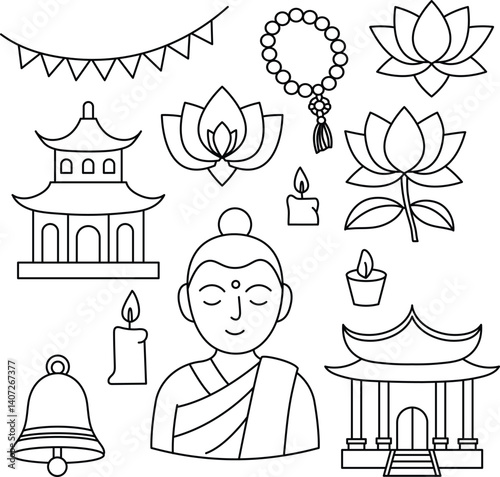 Vesak Day vector illustration. Line art collection of Buddhist symbols: Buddha, lotus flowers, pagoda, prayer beads, candles, bell, and banner. Minimalist design for religious and cultural themes.