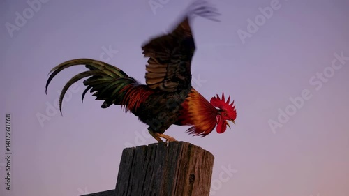 Colorful rooster crowing on wooden post at dawn with purple sky backdrop