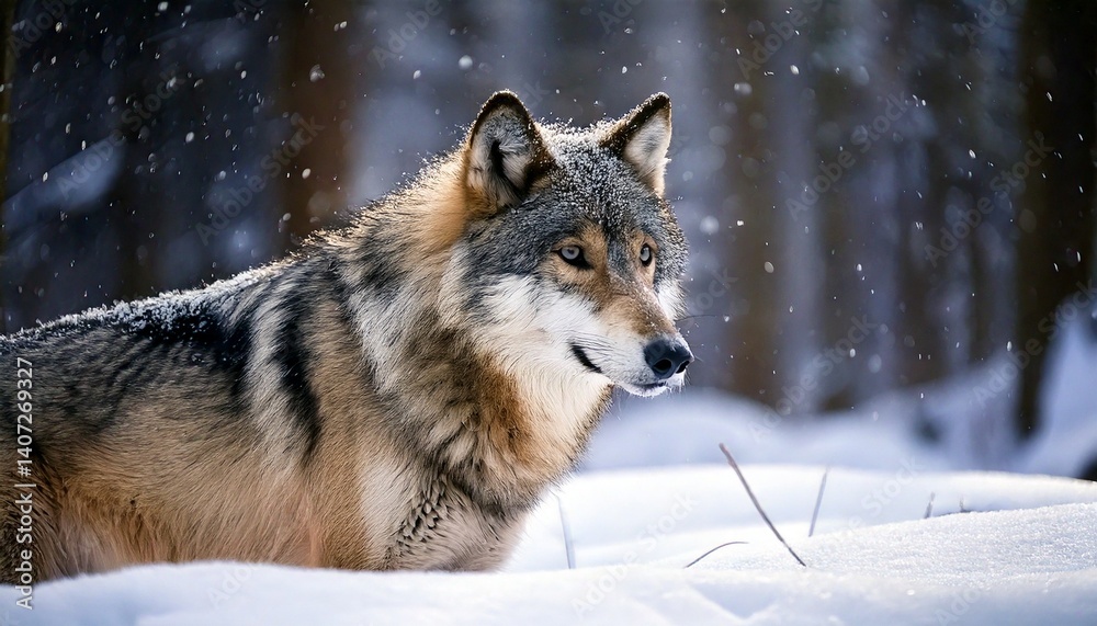 Photorealistic image of a gray wolf standing in the snow during snowfall, with a blurred forest background. Winter wildlife scene. Photorealistic image of a gray wolf standing in the snow during snowfall, with a blurred forest background. Winter wildlife scene.