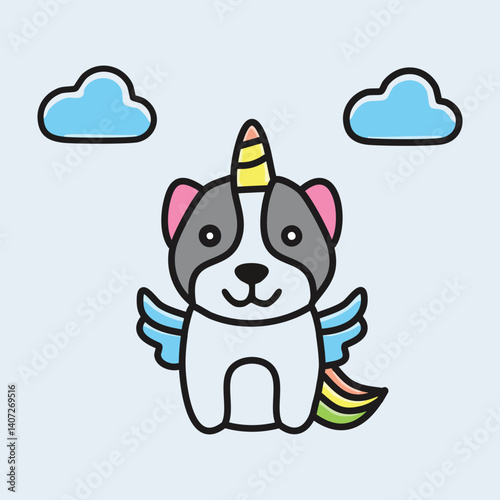 Cartoon Puppy Dressed as a Unicorn, Rainbow Fur, Pastel Clouds, Magical Style