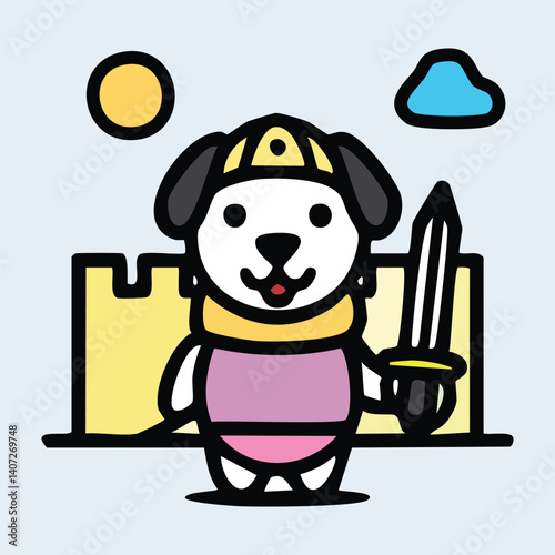 Knight Cartoon Dog in Shiny Armor Holding Toy Sword, Castle Background