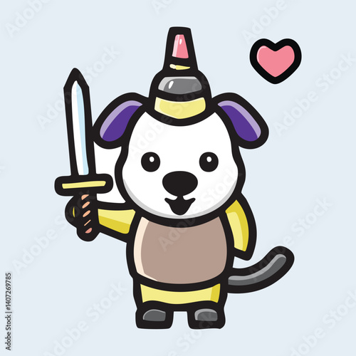 Knight Cartoon Dog in Shiny Armor Holding Toy Sword, Castle Background