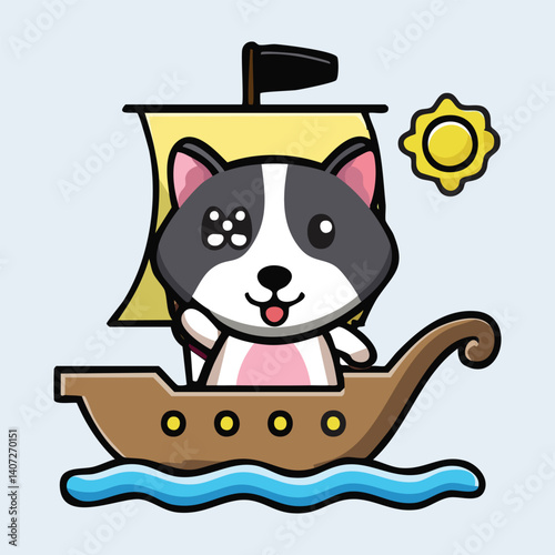 Pirate Cartoon Dog on a Ship, Eye Patch, Treasure Map in Mouth