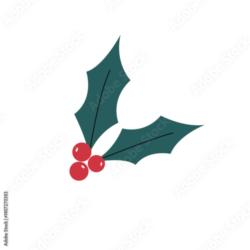 Cute Christmas red berry plant on isolated white background. Happy New Year, Christmas branch. Vector illustration