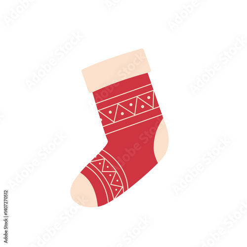Colorful decorated Christmas sock isolated on white background. Christmas stocking icon. Vector illustration cartoon flat style.