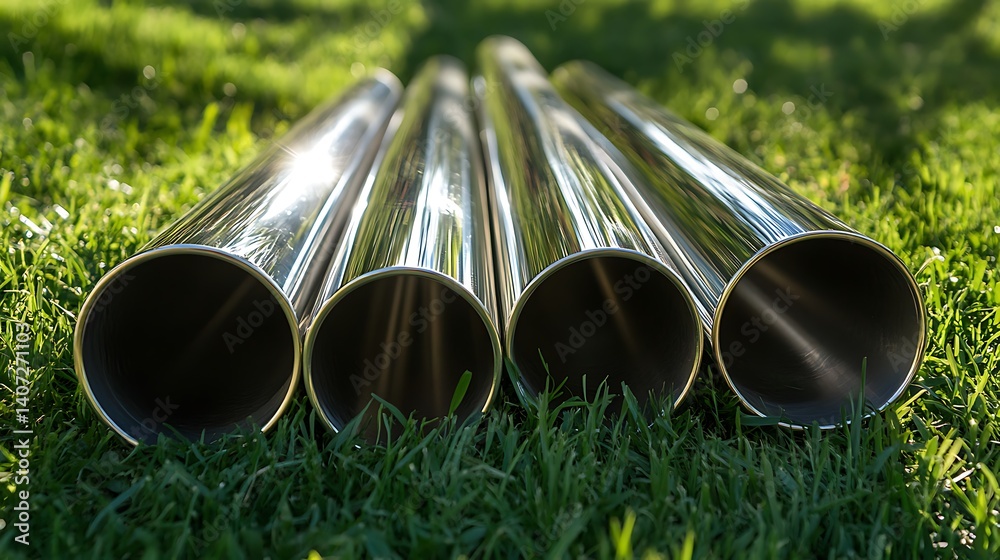 Polished Stainless Steel Pipes on Grass