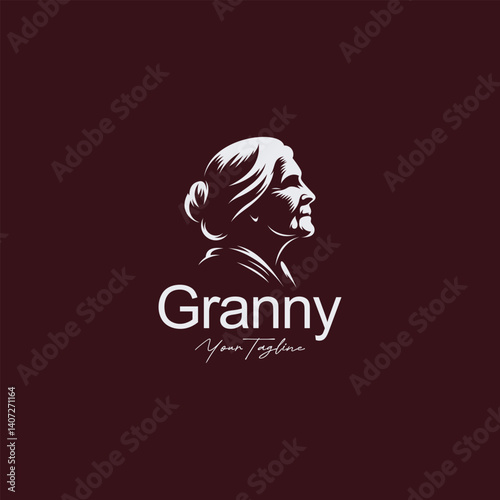 Elegant Silhouette Logo Design of Old Woman in ink drawing style with dark background