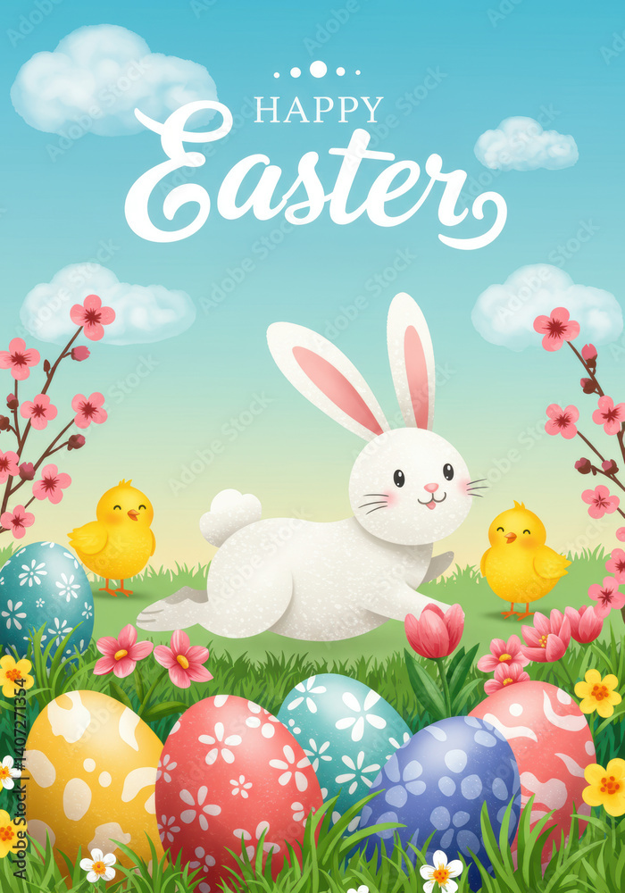 A delightful Easter scene with a happy bunny, chicks, and decorated eggs in a cheerful meadow. A delightful Easter scene with a happy bunny, chicks, and decorated eggs in a cheerful meadow.