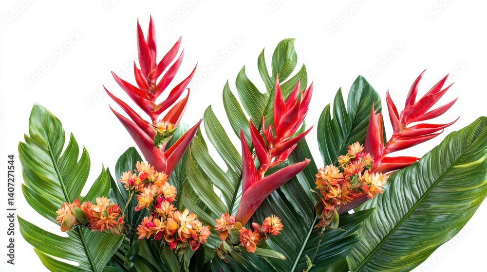 Obraz premium Red Ginger flowers and bird of paradise flowers with tropical leaves in floral arrangement isolated on white background