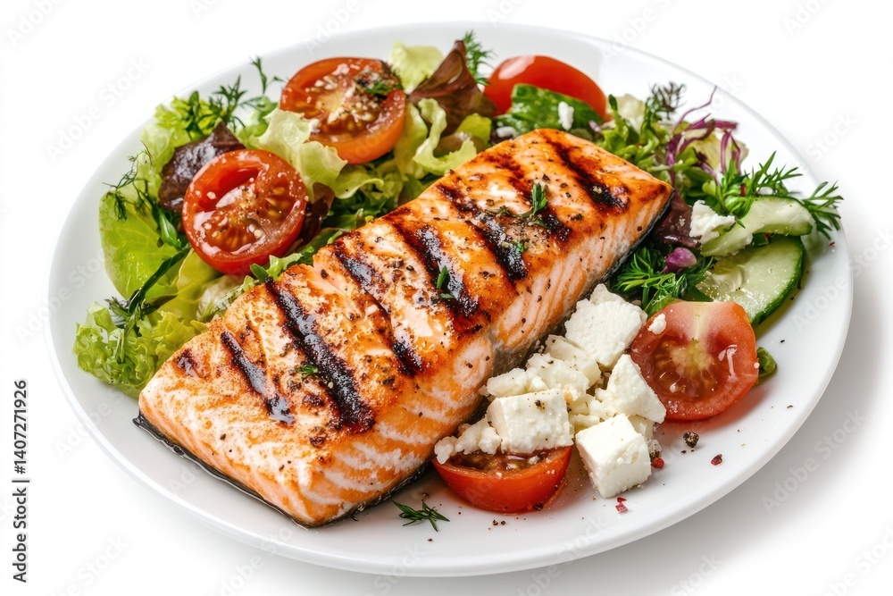 Grilled salmon fillet served with salad and feta cheese on a white plate. Grilled salmon fillet served with salad and feta cheese on a white plate.