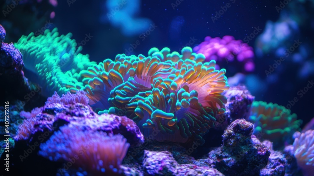 Fototapeta premium Vibrant and Colorful Coral Underwater Scene in a Marine Aquarium Reflecting Light and Life with Unique Patterns and Textures