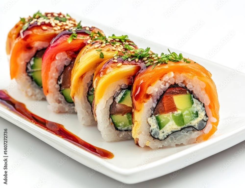 Sushi rolls with colorful toppings and sauce on a white plate. Sushi rolls with colorful toppings and sauce on a white plate.