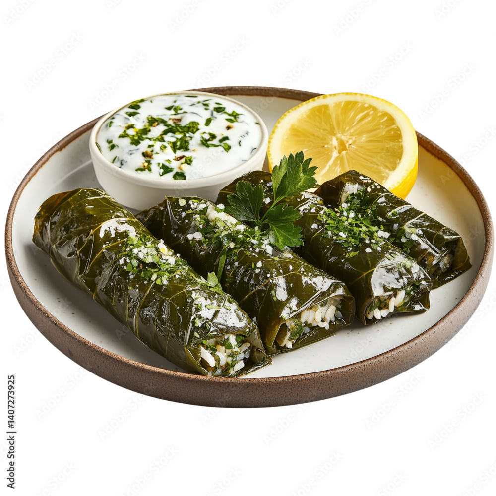 Stuffed grape leaves with yogurt dip and lemon slice on a plate, garnished with parsley, isolated on transparent background.