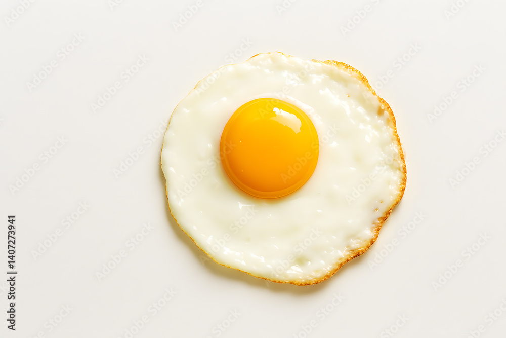 A fried egg with a yellow yolk sits on a white plate. The egg is perfectly round and the yolk is bright yellow. The plate is white, which makes the egg stand out A fried egg with a yellow yolk sits on a white plate. The egg is perfectly round and the yolk is bright yellow. The plate is white, which makes the egg stand out