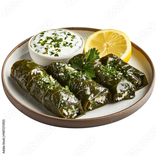 Obraz na płótnie Stuffed grape leaves with yogurt dip and lemon slice on a plate, garnished with parsley, isolated on transparent background. w salonie