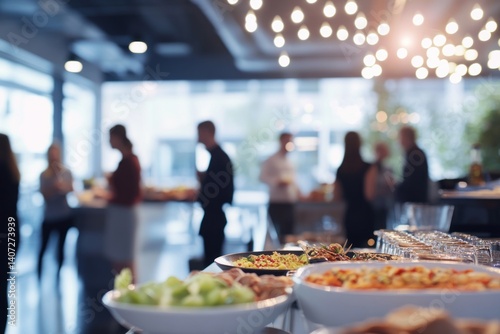 Blurred Corporate Catering Event: Delicious Food and Social Gathering
