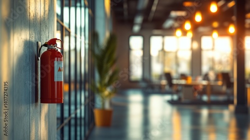 Red Fire Extinguisher in Modern Office Corridor