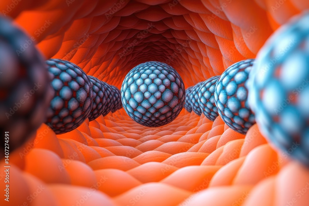 Naklejka premium Spherical blue pattern travelling through orange channel, abstract digital art design