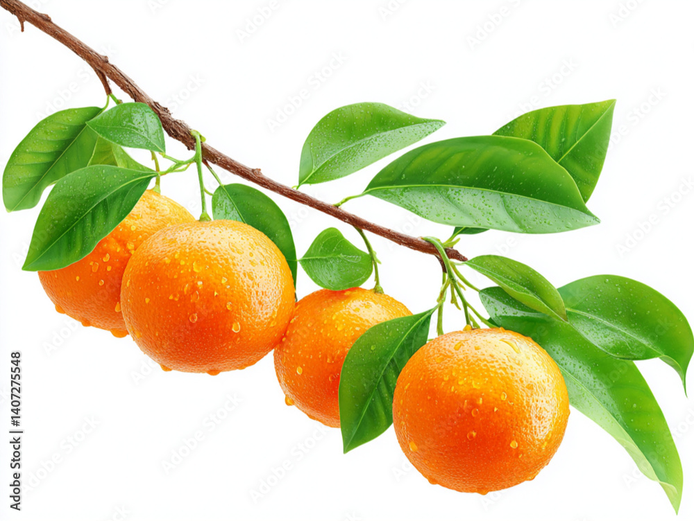 A tree branch with fives oranges isolated on transparent background