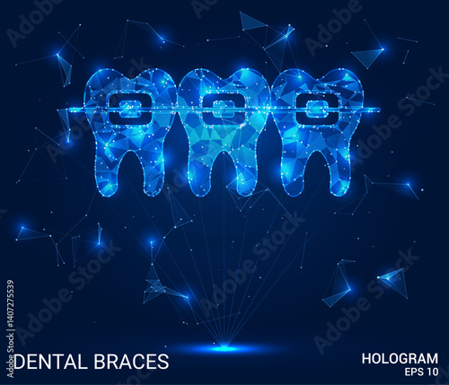 Dental braces hologram. Dental braces is made of polygons, triangles, dots, and lines. Dental braces is a low-poly compound structure. Technology concept vector.