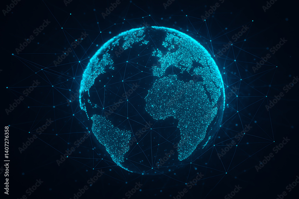 A stunning digital representation of the Earth, showcasing a network of lights and connections across continents A stunning digital representation of the Earth, showcasing a network of lights and connections across continents