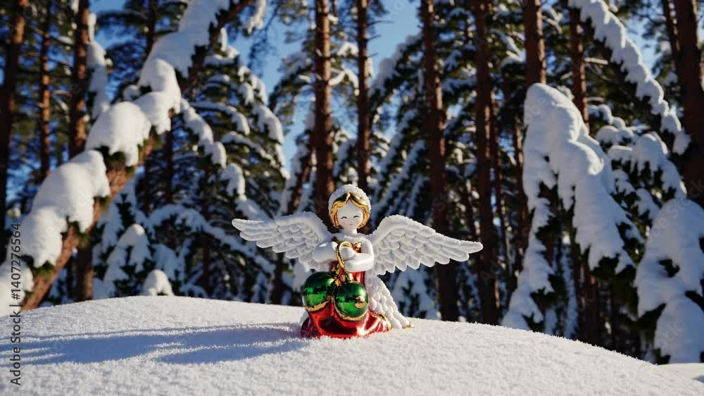 White angel figurine with golden accents nestled in snowy pine branches White angel figurine with golden accents nestled in snowy pine branches