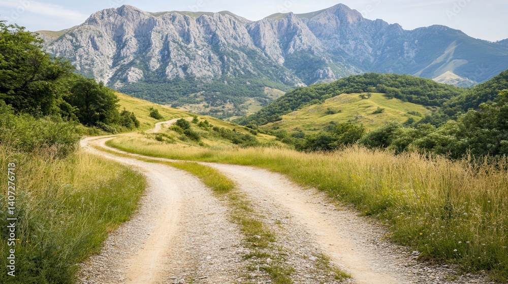 Naklejka premium Winding mountain road, scenic view, summer travel