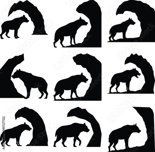Hyena Black Silhouette Walking near Rock Ledge Cave Collection Set on White